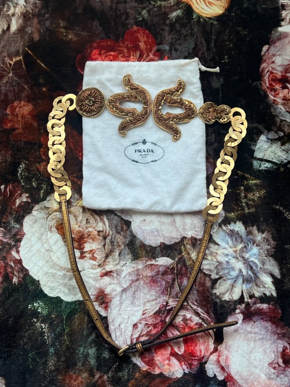 Authentic Prada Vintage Gold Chain & Sequin Embroidered Belt